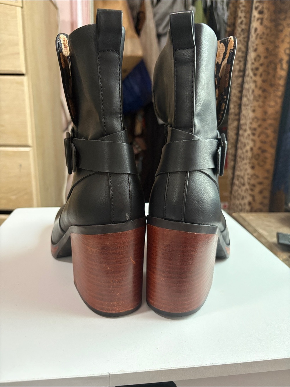 Kork-Ease Black Leather Ankle Boots with Brown Stacked Heel - Picture 2 of 8
